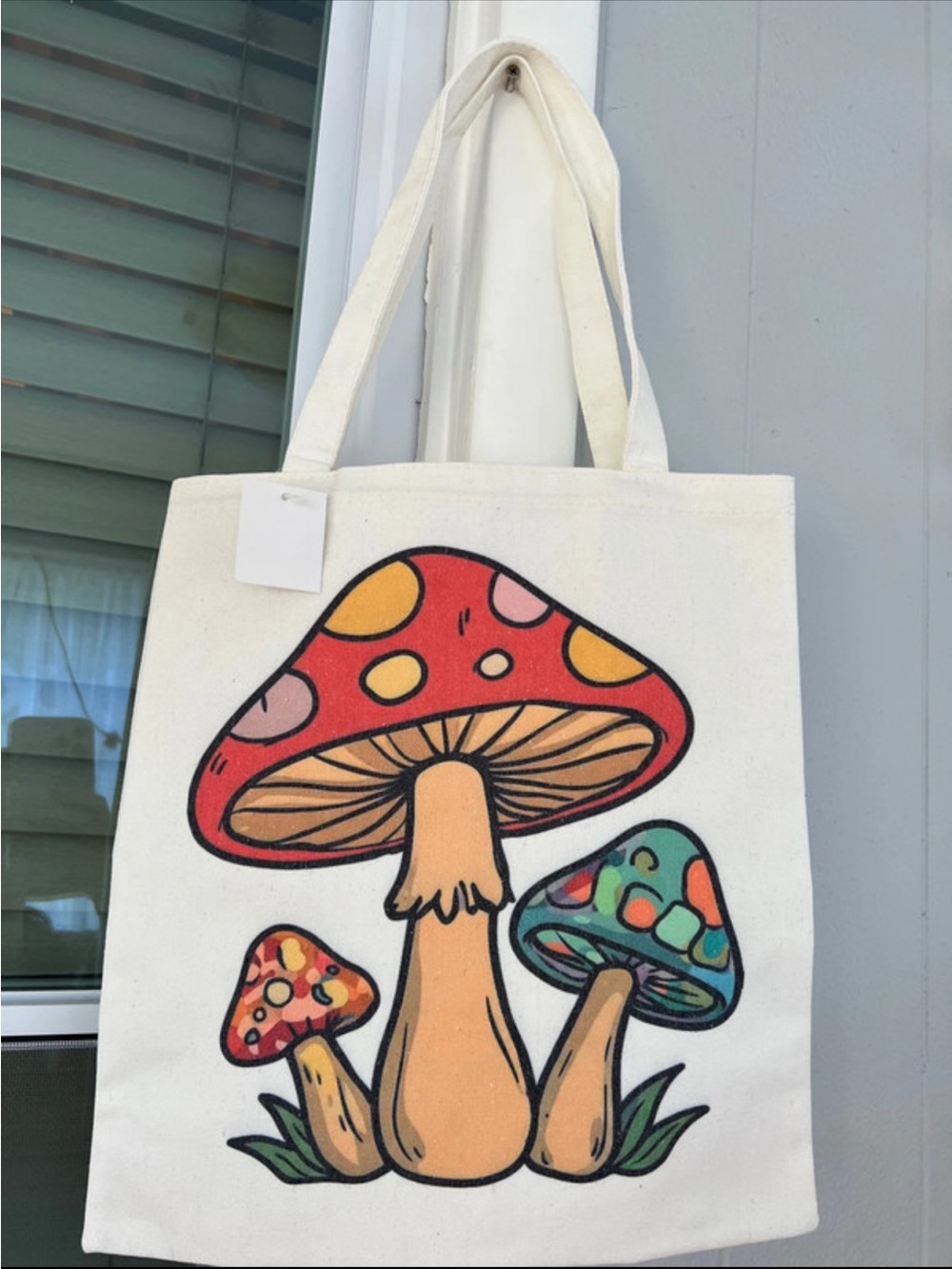 Source Unknown Cream Tote with Red, Orange, Pink & Teal Mushroom Art